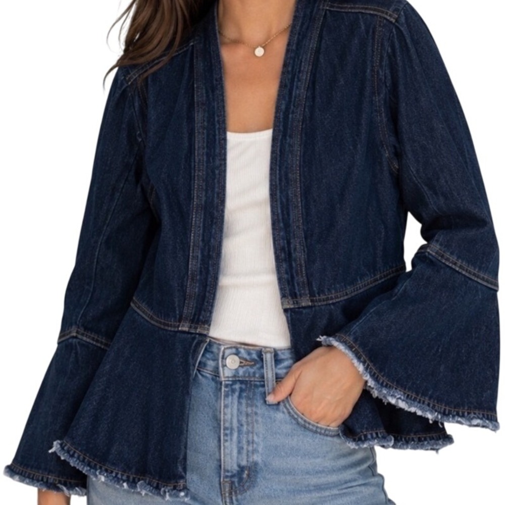 Tommy Bahama Devin Indigo Open Jacket Denim Peplum Bell Sleeve TW519500 L